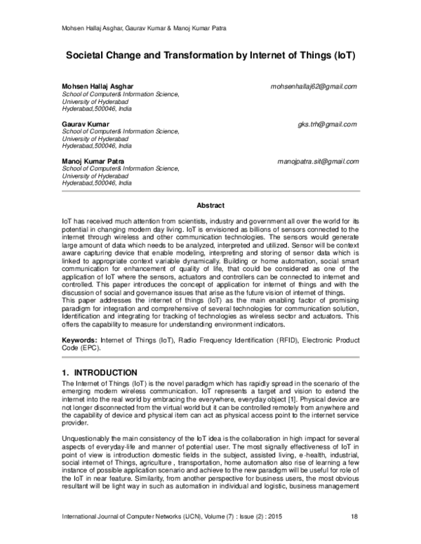 (PDF) Societal Change and Transformation by Internet of Things (IoT)