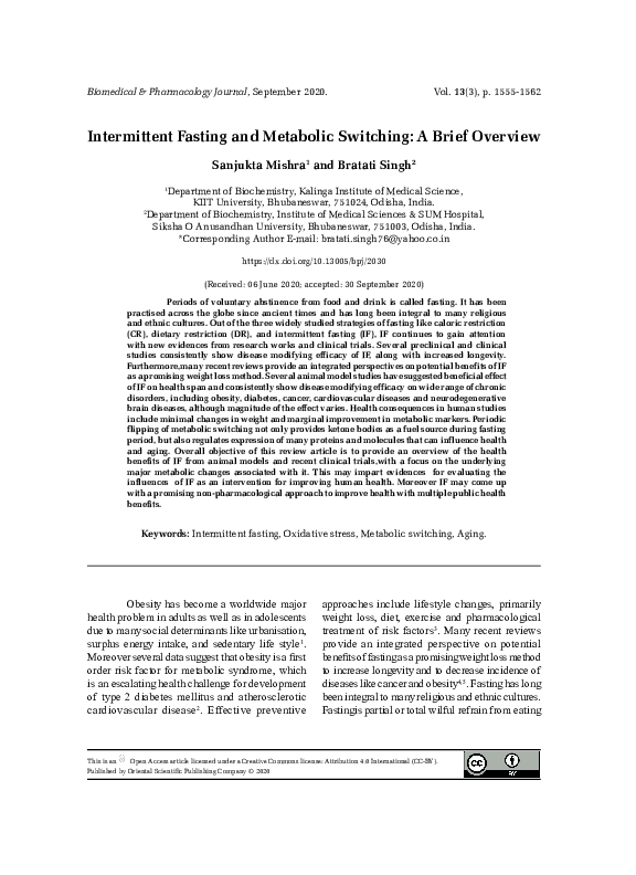 (PDF) Intermittent Fasting and Metabolic Switching A Brief Overview Bratati Singh Academia.edu