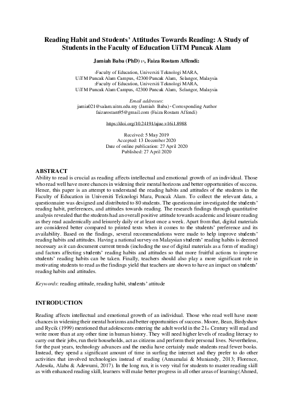 (PDF) Reading Habit and Students’ Attitudes Towards Reading: A Study of ...