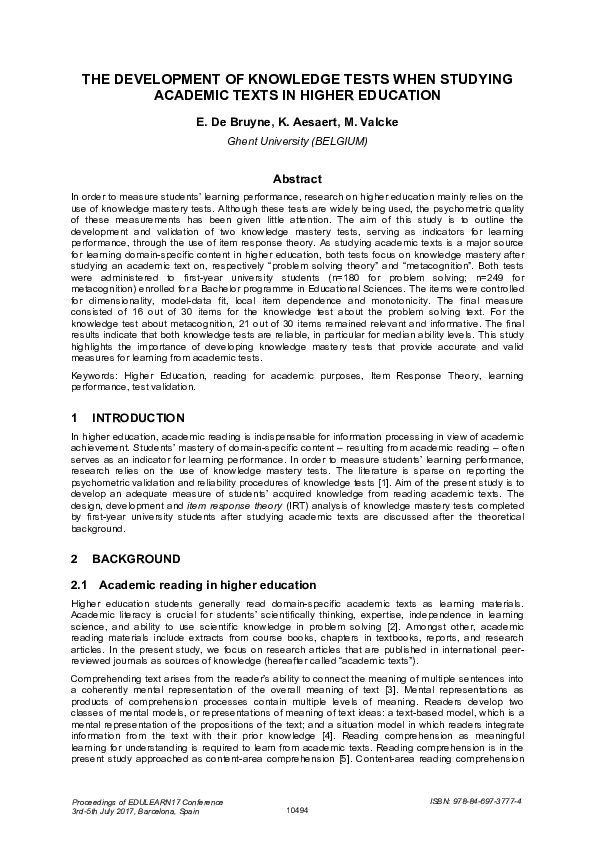 (PDF) The Development of Knowledge Tests When Studying Academic Texts ...