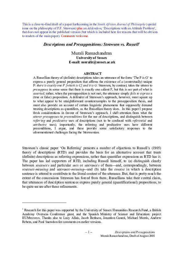 (PDF) Descriptions and pressupositions: Strawson vs. Russel
