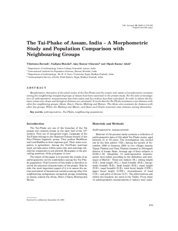 (PDF) The Tai-Phake of Assam, India--a morphometric study and ...