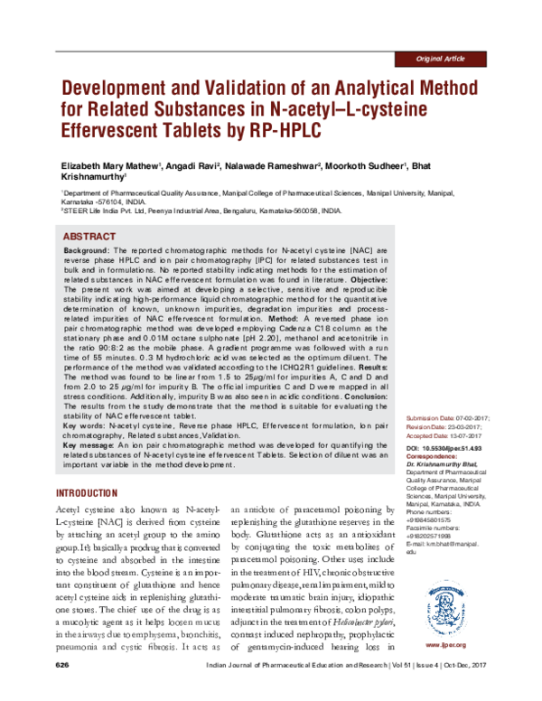 PDF) Development and Validation of an Analytical Method for Related  Substances in N-acetyl–L-cysteine Effervescent Tablets by RP-HPLC