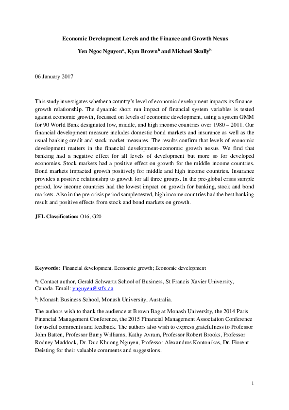 (PDF) Economic Development Levels and the Finance and Growth Nexus
