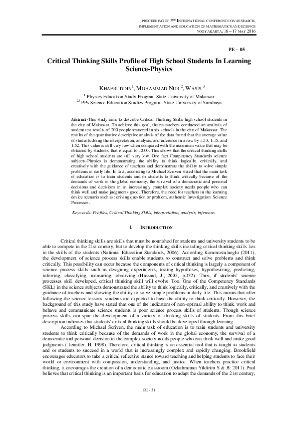 (PDF) Critical Thinking Skills Profile of High School Students In ...