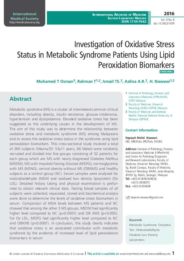 (PDF) Investigation of Oxidative Stress Status in Metabolic Syndrome ...