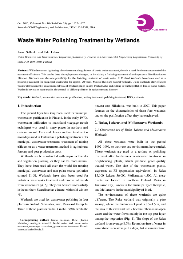 (PDF) Waste Water Polishing Treatment by Wetlands Jarmo Sallanko