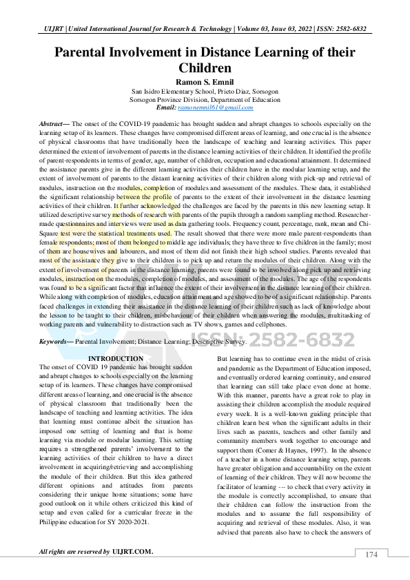 (PDF) Parental Involvement in Distance Learning of their Children