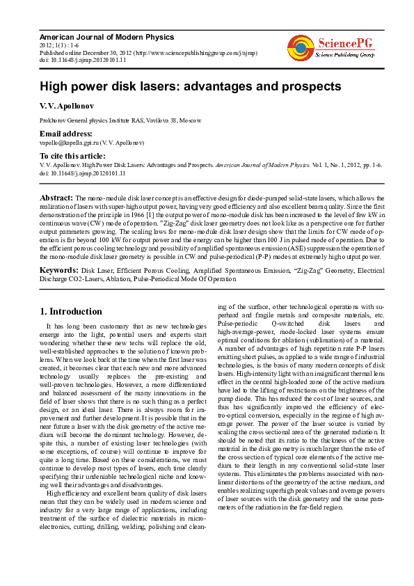 (PDF) High power disk lasers advantages and prospects Victor