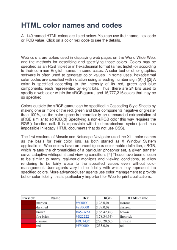 (PDF) HtmlColorNamesAndCodes