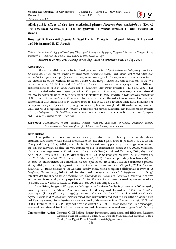 (PDF) Allelopathic effect of the two medicinal plants Plectranthus ...