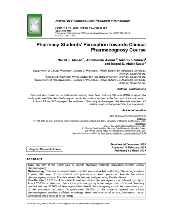 (PDF) Pharmacy Students’ Perception towards Clinical Pharmacognosy Course