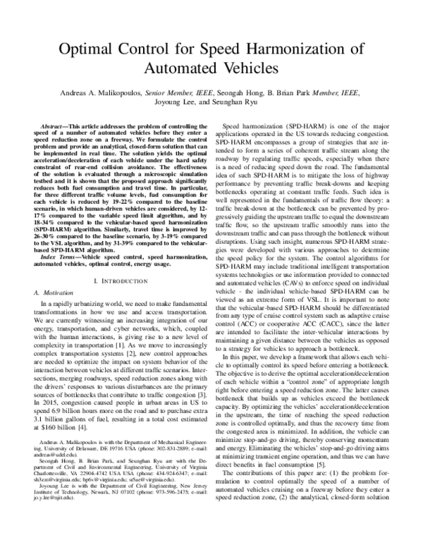 (PDF) Optimal Control for Speed Harmonization of Automated Vehicles