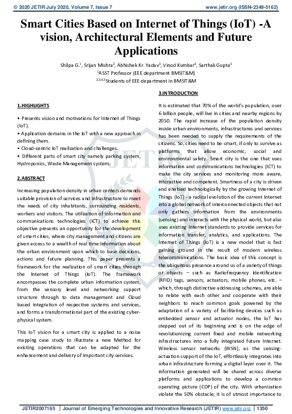 (PDF) smart cities based in internet of things (IoT) - A Vision ...