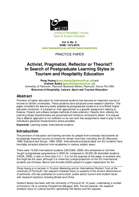 (PDF) In Search of Postgraduate Learning Styles in Tourism and ...