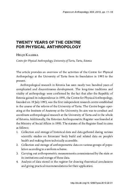 Twenty Years of the Centre for Physical Anthropology