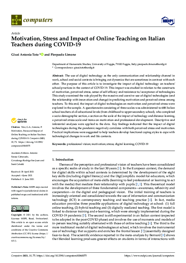 (PDF) Motivation, Stress and Impact of Online Teaching on Italian ...
