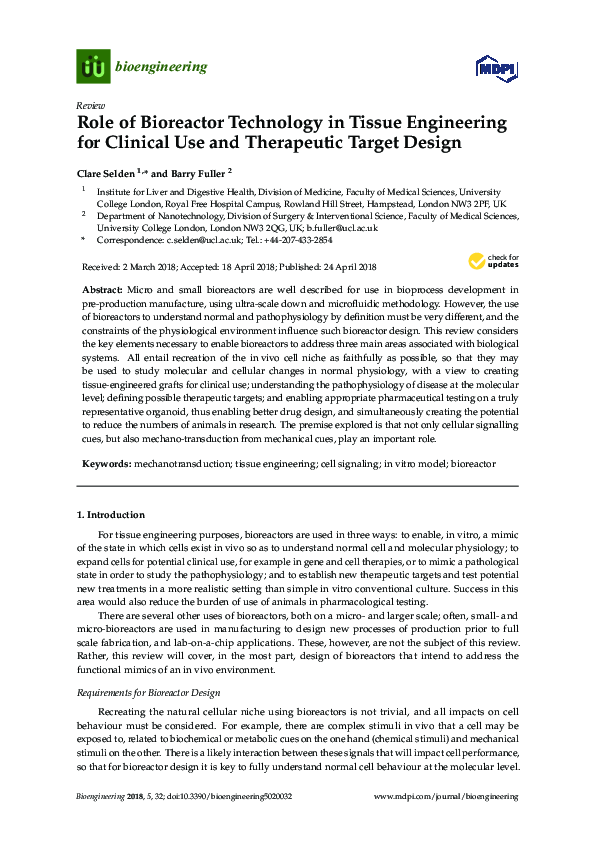 (PDF) Role of Bioreactor Technology in Tissue Engineering for Clinical ...