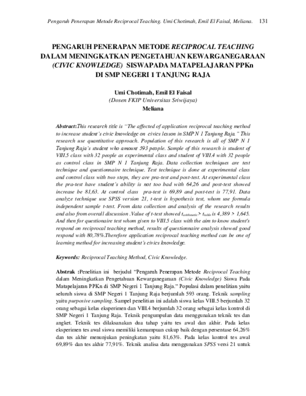 (PDF) PENGARUH PENERAPAN METODE RECIPROCAL TEACHING DALAM MENINGKATKAN ...