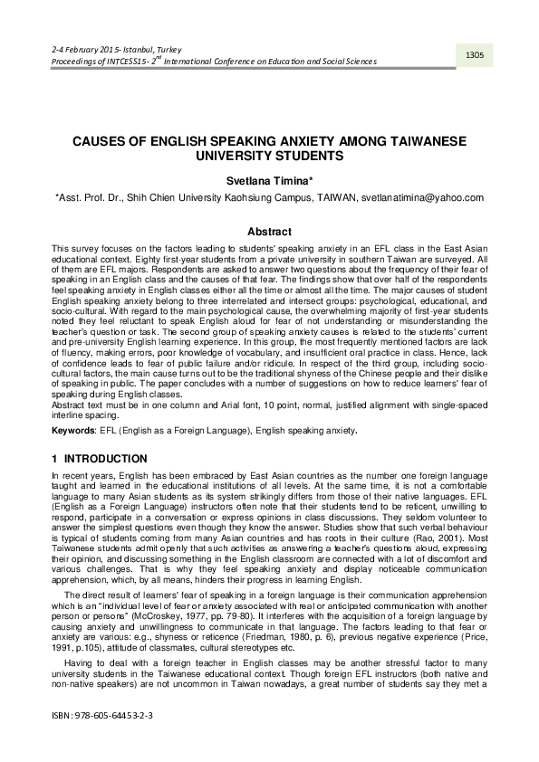 (PDF) Causes of English Speaking Anxiety Among Taiwanese University ...