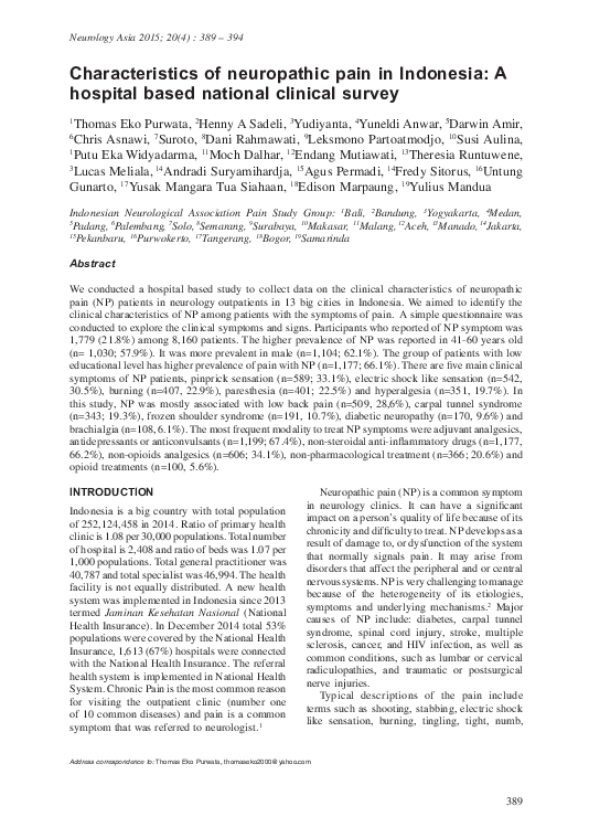 (PDF) Characteristics of neuropathic pain in Indonesia: A hospital ...