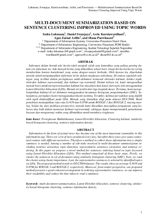 (PDF) Multi-Document Summarization Based on Sentence Clustering ...