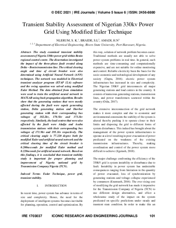 (PDF) Transient Stability Assessment of Nigeiran 330kv Power Grid using ...