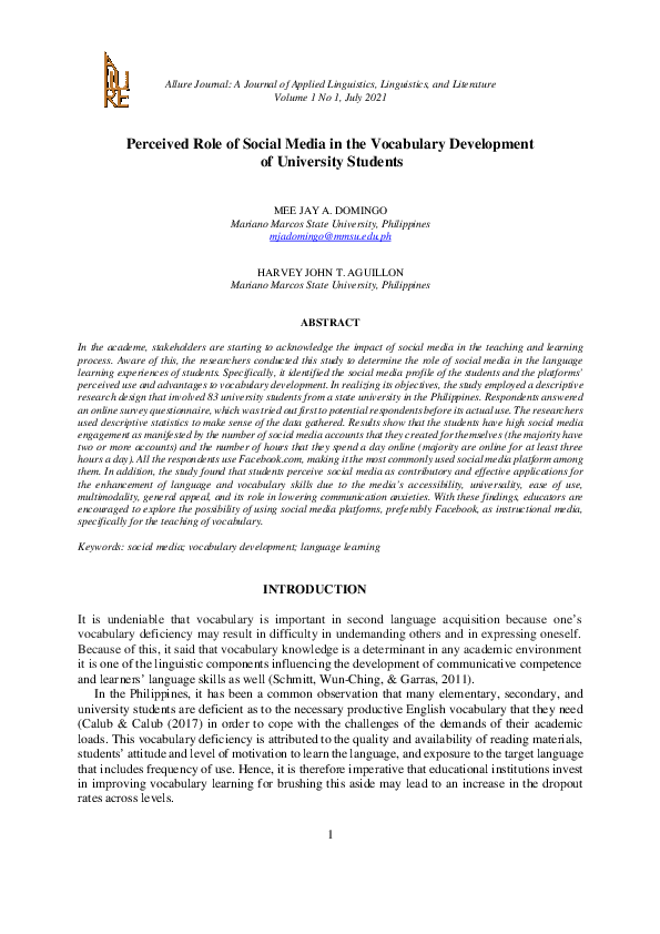 (PDF) Perceived Role of Social Media in the Vocabulary Development of ...