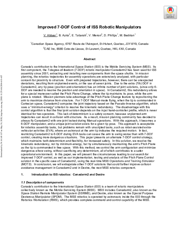 (PDF) Improved 7-DOF Control of ISS Robotic Manipulators
