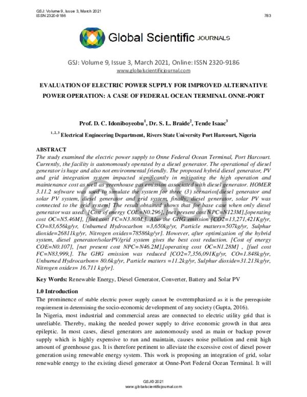 (PDF) Evaluation of Electric Power Supply for Improved Alternative ...
