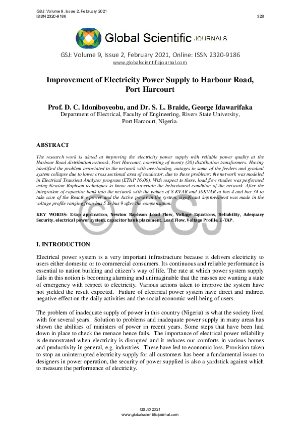 (PDF) Improvement of Electricity Power Supply to Harbour Road Port Harcourt