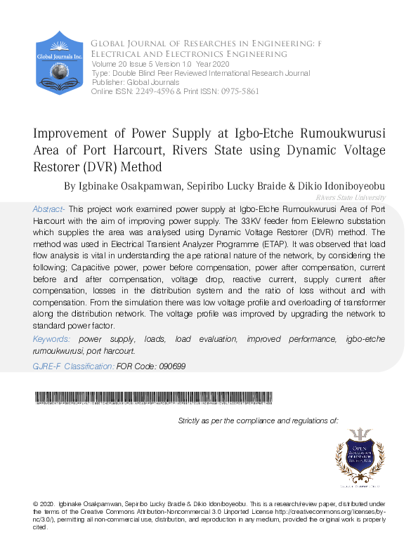 (PDF) Improvement of Power Supply at Igbo-Etche Rumoukwurusi Area of ...