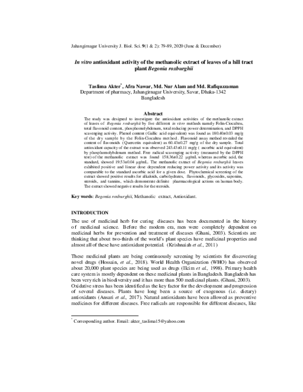 (PDF) In vitro antioxidant activity of the methanolic extract of leaves ...