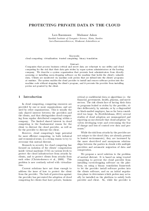 (PDF) Protecting private data in the cloud