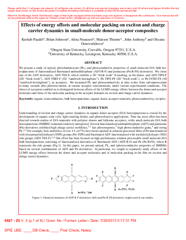 (PDF) Effects of energy offsets and molecular packing on exciton and ...