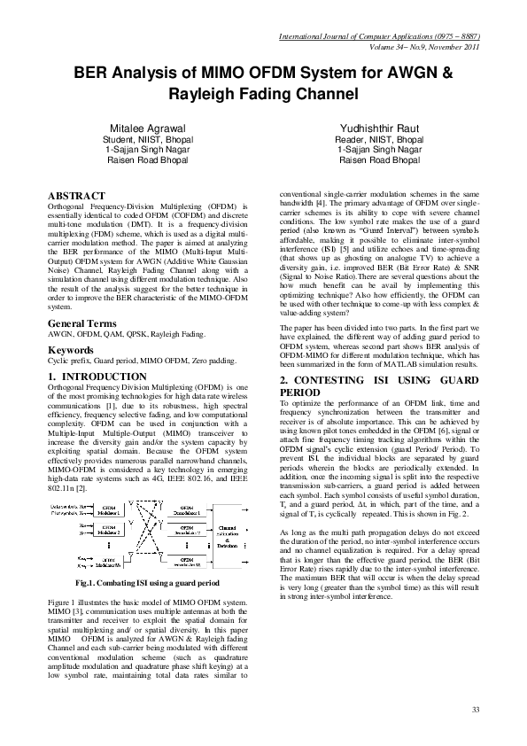 (PDF) BER Analysis of MIMO OFDM System for AWGN & Rayleigh Fading Channel