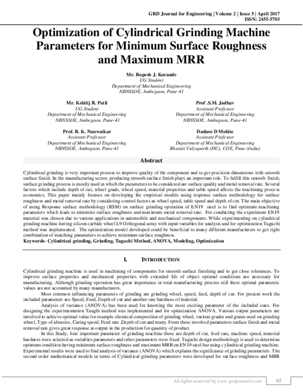 (PDF) Optimization of Cylindrical Grinding Machine Parameters for ...
