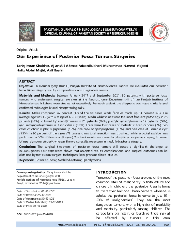(PDF) Our Experience of Posterior Fossa Tumors Surgeries
