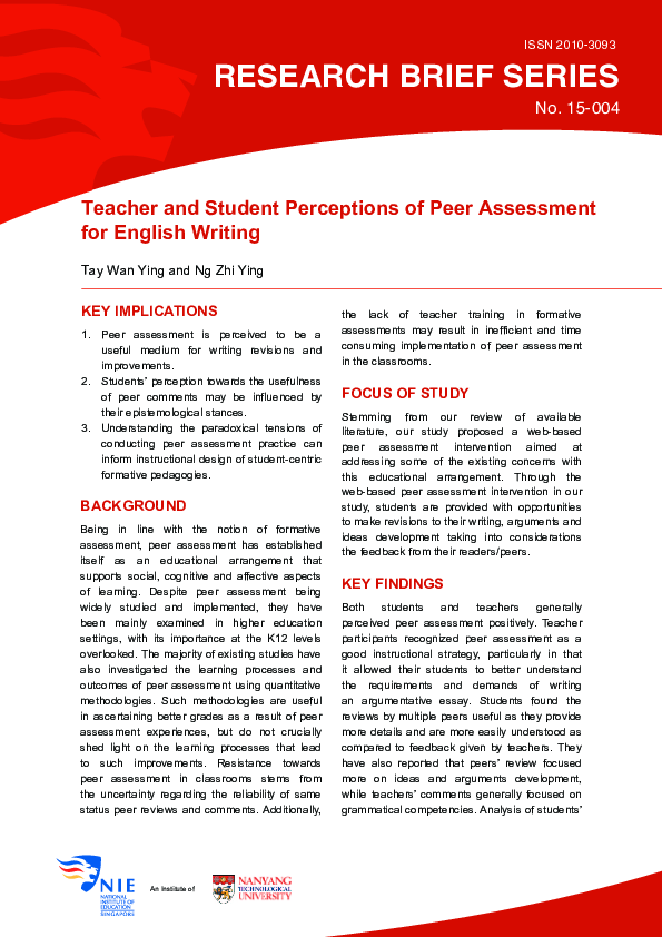 (PDF) Teacher and student perceptions of peer assessment for English ...