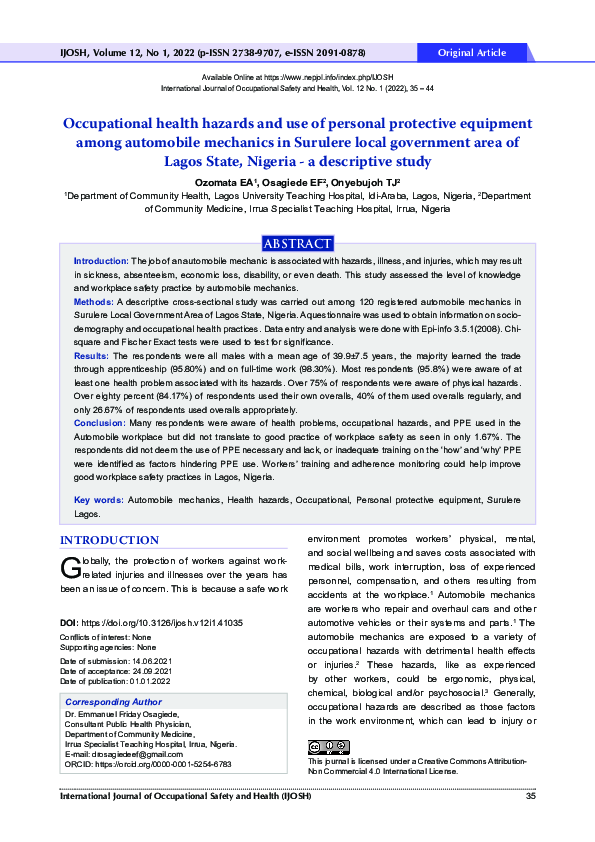 (PDF) Occupational health hazards and use of personal protective ...