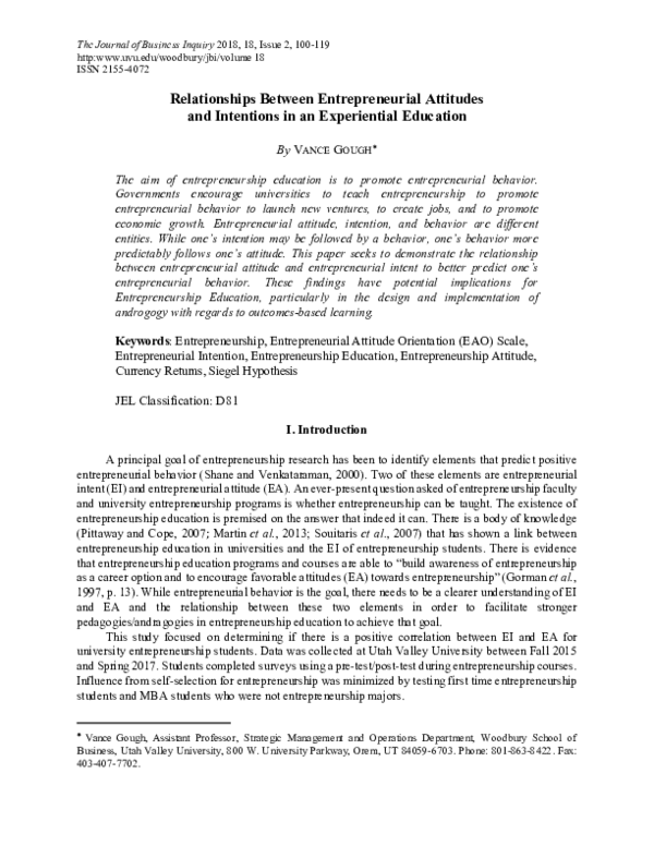 (PDF) Relationships Between Entrepreneurial Attitudes and Intentions in ...