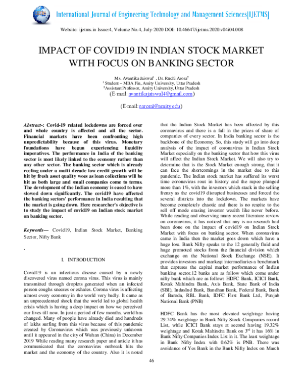 (PDF) Impact of COVID19 in Indian Stock Market with Focus on Banking Sector