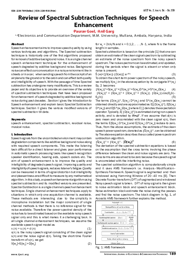 (PDF) Review of Spectral Subtraction Techniques for Speech Enhancement 1