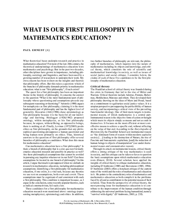 (PDF) What Is Our First Philosophy in Mathematics Education?