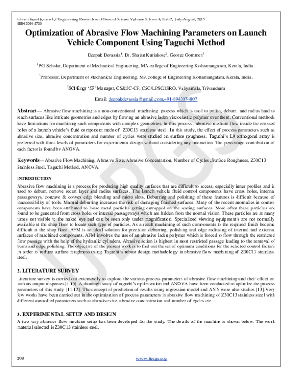(PDF) Optimization of Abrasive Flow Machining Parameters on Launch Vehicle Component Using