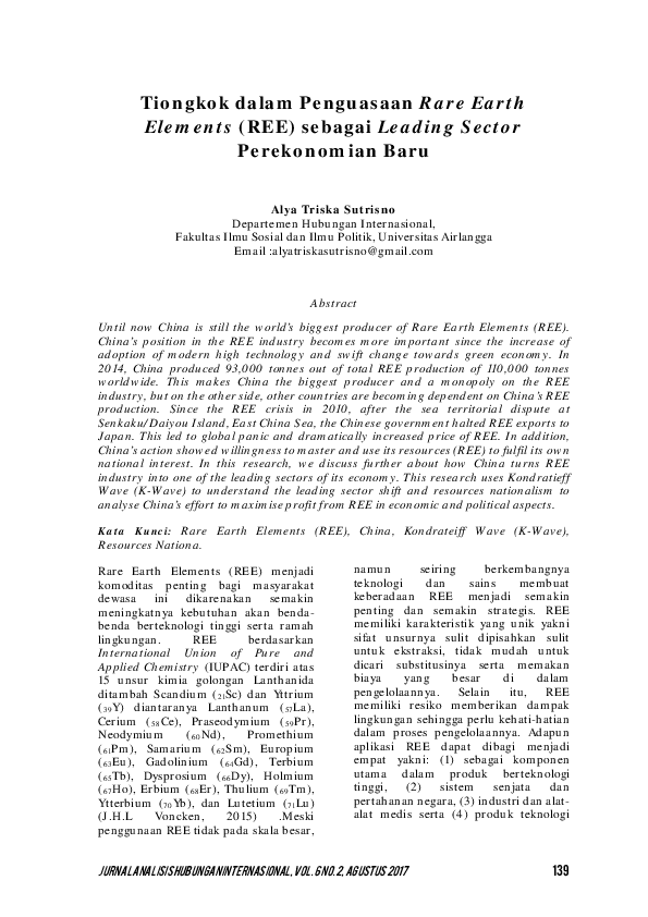 (PDF) Tiongkok dalam Penguasaan Rare Earth Elements (REE) sebagai ...