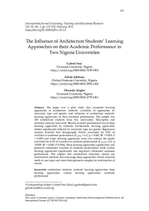 (PDF) The Influence of Architecture Students’ Learning Approaches on ...
