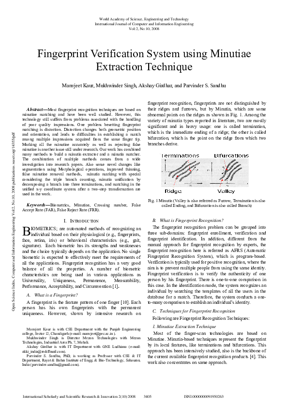 (PDF) Fingerprint verification system using minutiae extraction technique