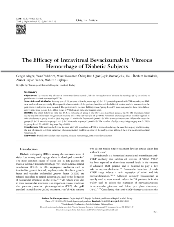 (PDF) The Efficacy of Intravitreal Bevacizumab in Vitreous Hemorrhage ...