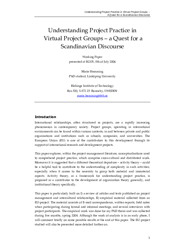(PDF) Understanding Project Practice in Virtual Project Groups - A ...